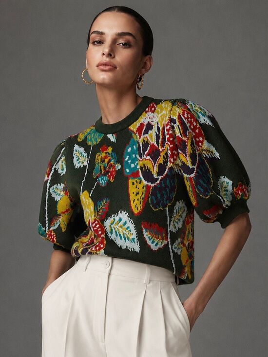 FARM Rio Sweaters - FARM Rio Anthropologie Margarita Floral Puff Sleeve Sweater M Cottage Artsy